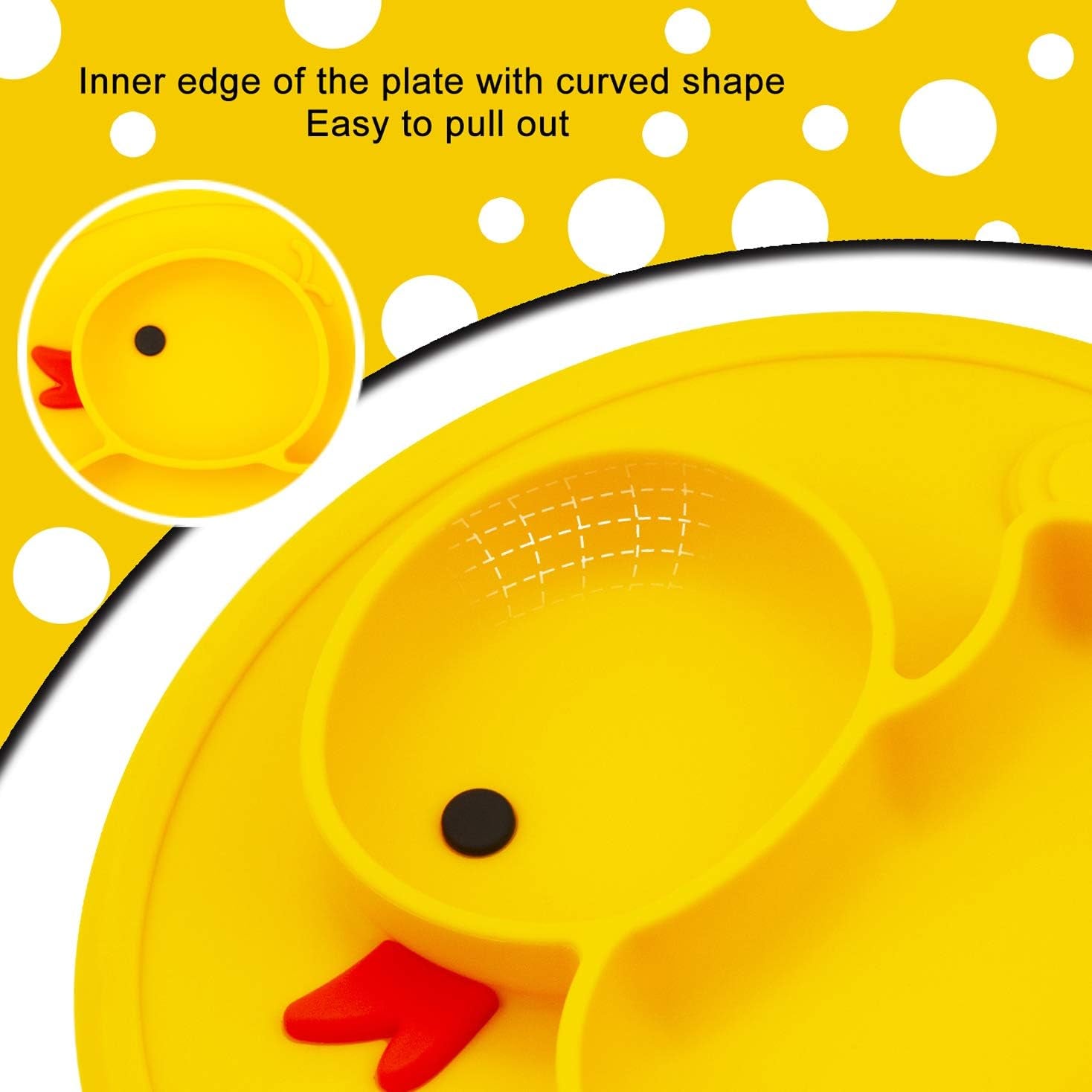 Silicone Divided Toddler Plates, Portable Non Slip Suction Plates for Children Babies and Kids BPA Free Baby Dinner Plate (Duck-Yellow) 1