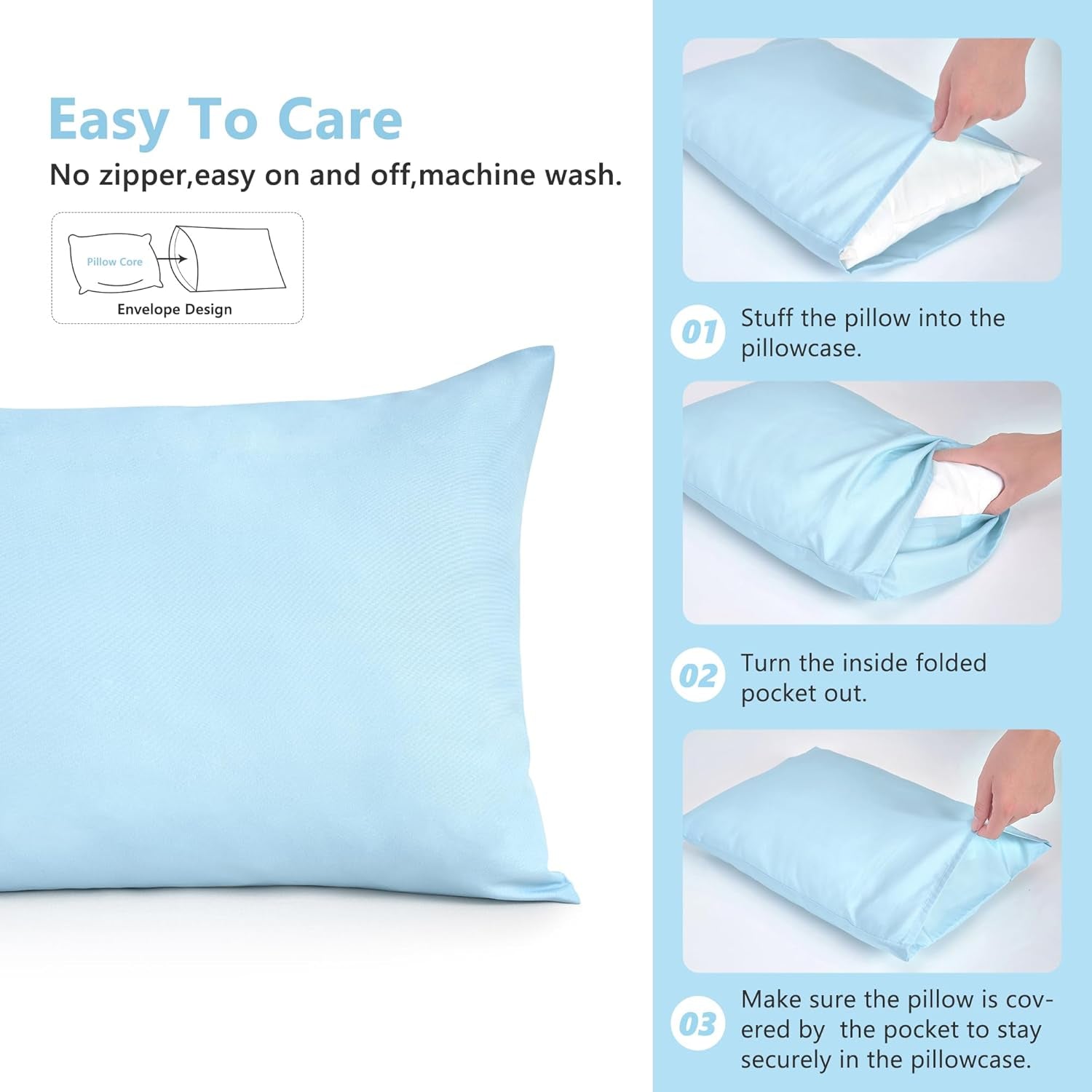 Toddler Pillowcase 2 Pack with Envelope Closure,13" X 18" Silky Soft Microfiber Travel Kids Pillowcase for Boys and Girls,Aqua Blue