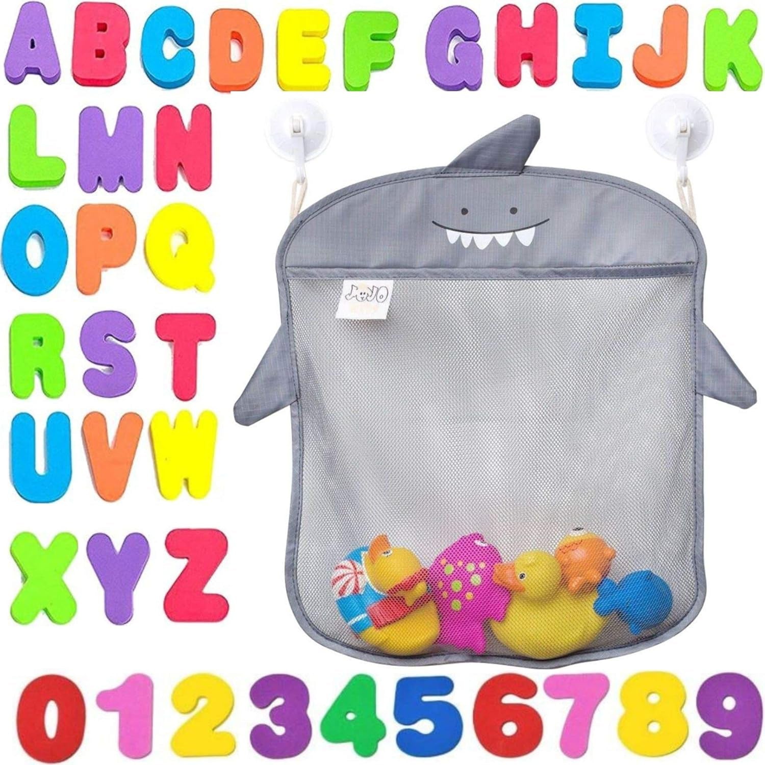 Bath Toy Storage Jumbo+36 Eco-Safe Educational Foam Baby Bath Letters and Numbers|Bath Toy Organizer Mesh Net Shower Caddy for Baby Bath Toys for Toddlers 1-3| Quick Dry Bathroom Decor Bath Toy Holder