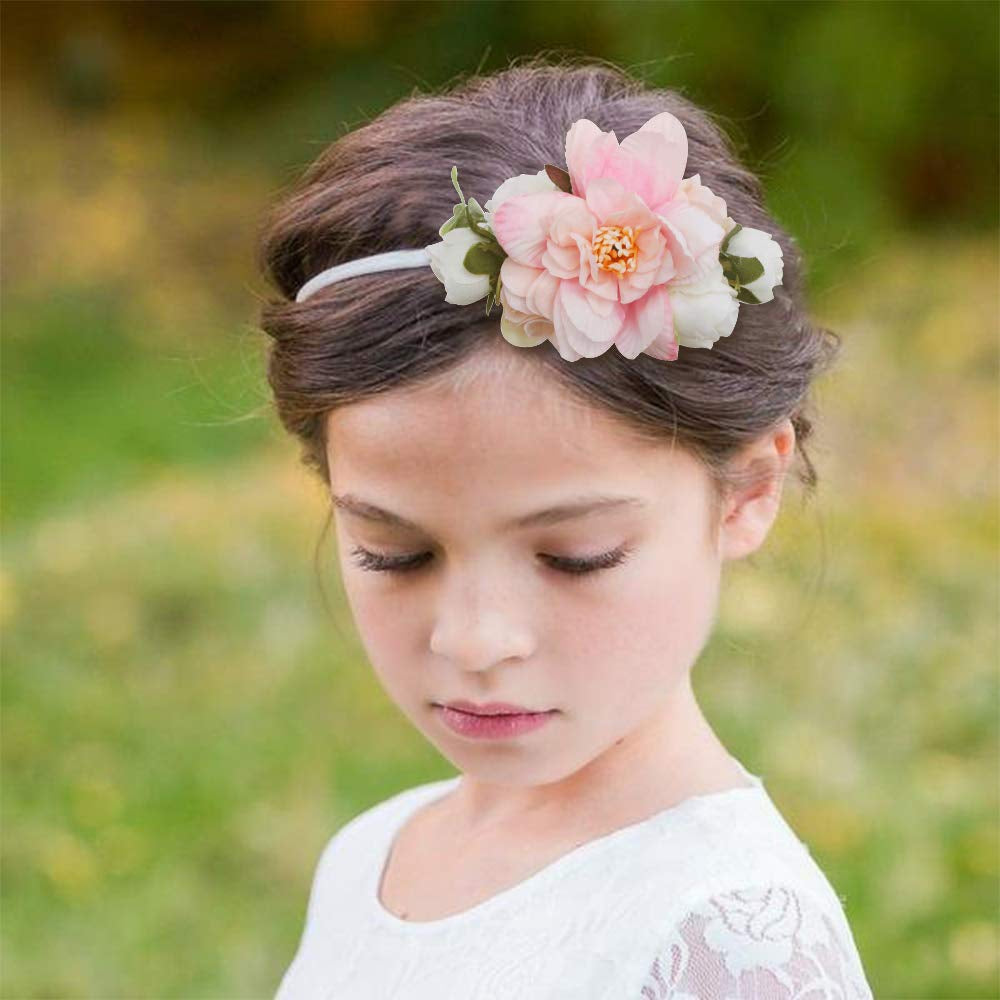 Baby Girl Floral Headbands- 3Pcs Nylon Headband Handmade Flower Crown Elastic Hairband Newborn Toddler Hair Accessories Gifts for Girls （1-6 Years Old）