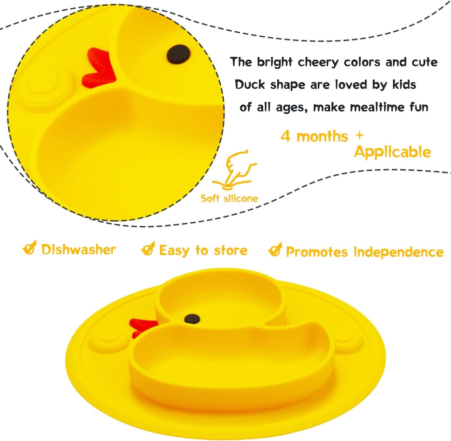 Silicone Divided Toddler Plates, Portable Non Slip Suction Plates for Children Babies and Kids BPA Free Baby Dinner Plate (Duck-Yellow) 1