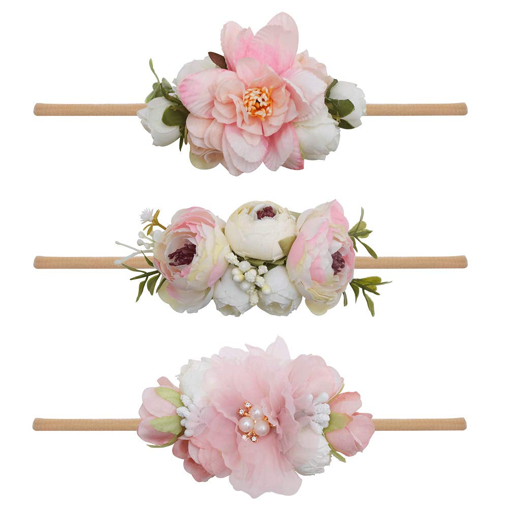 Baby Girl Floral Headbands- 3Pcs Nylon Headband Handmade Flower Crown Elastic Hairband Newborn Toddler Hair Accessories Gifts for Girls （1-6 Years Old）