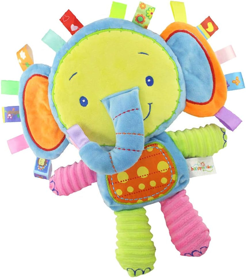 Baby Tags Toy, Taggie Security Blanket Elephant Stuffed Toy, Baby Plush Sensory Tag with Ribbons & Rattle, Toddler, Newborns, Infant