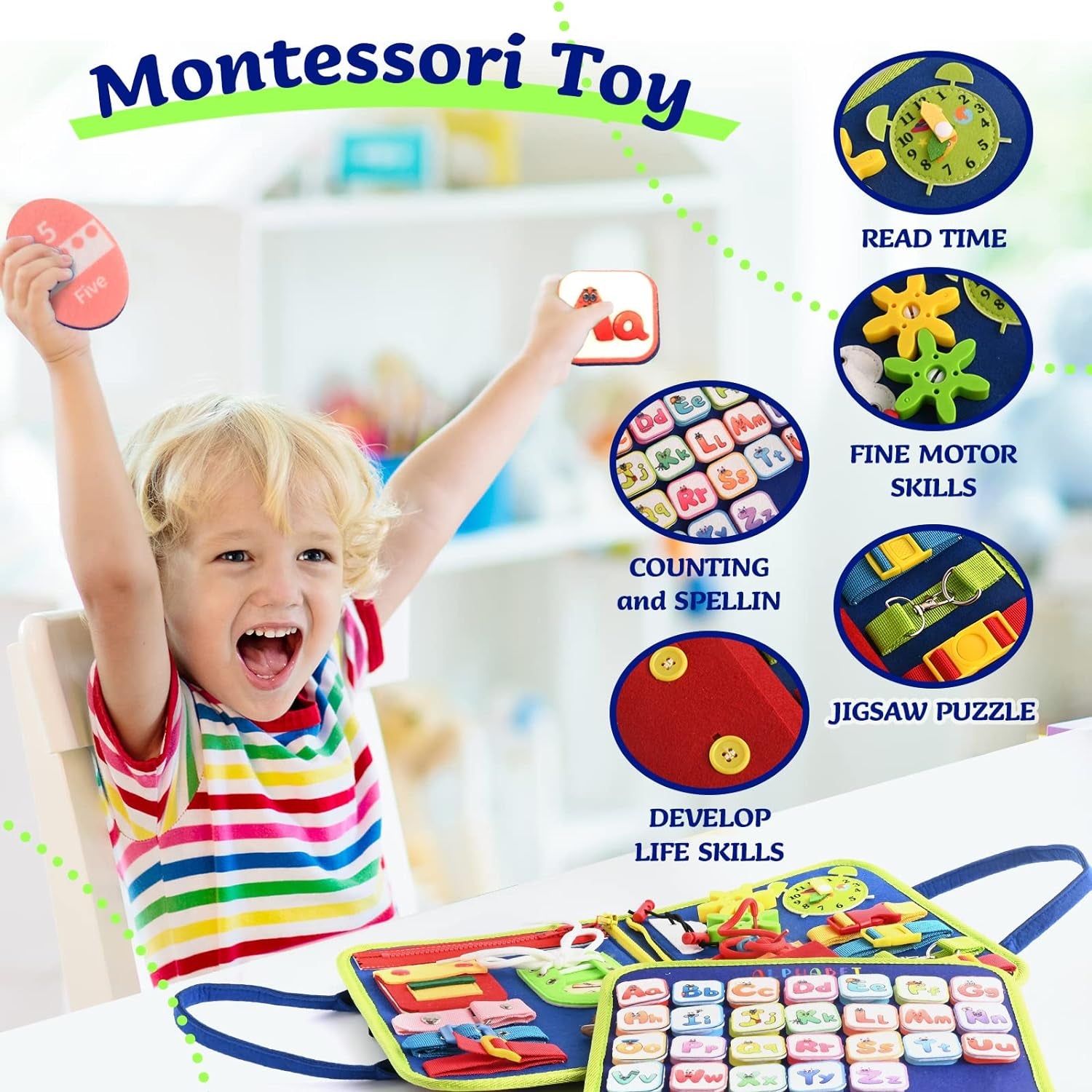 Montessori Busy Board | 3-5 Year Old Toddler Learning Toy | Fine Motor Skills Development | Montessori Sensory Playset | Early Childhood Education Tool | Portable Travel Preschool Activity Kit