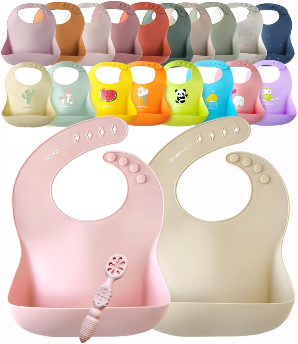 2-Pack Waterproof Silicone Baby Bib Light Weight Comfortable Easy Wipe Clean (Pink/Beige)