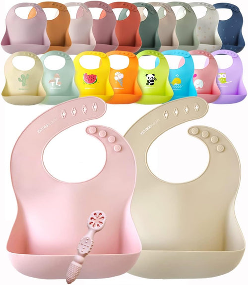 2-Pack Waterproof Silicone Baby Bib Light Weight Comfortable Easy Wipe Clean (Pink/Beige)