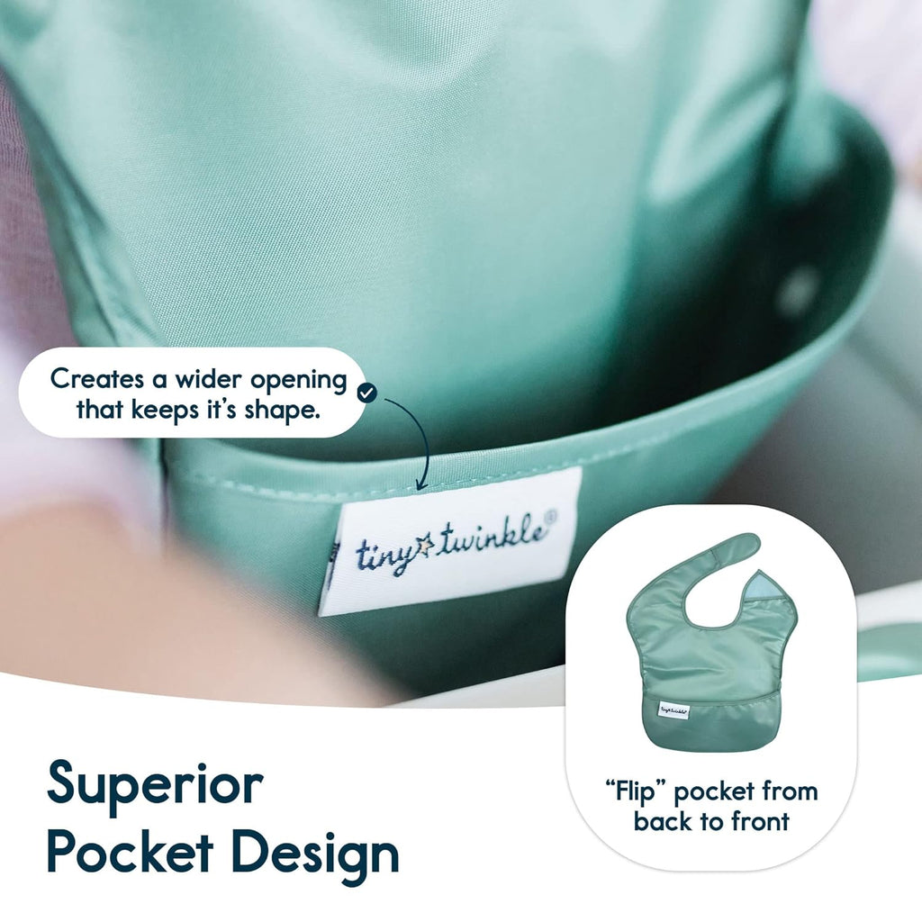 Mess-Proof Baby Bibs for Eating | Waterproof, Wipeable Toddler Bibs with Catch-All Pocket | Feeding Bibs for Girls & Boys(3 Pack,Slate, Olive)