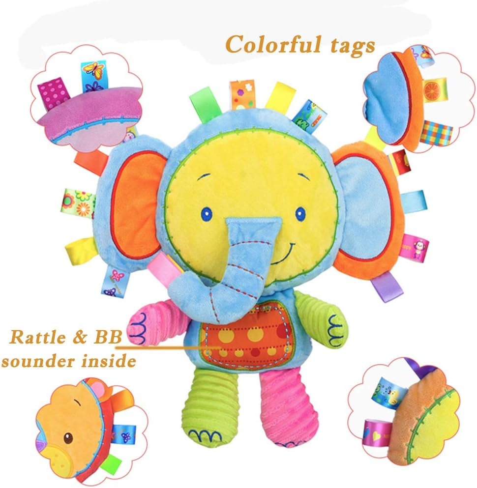 Baby Tags Toy, Taggie Security Blanket Elephant Stuffed Toy, Baby Plush Sensory Tag with Ribbons & Rattle, Toddler, Newborns, Infant