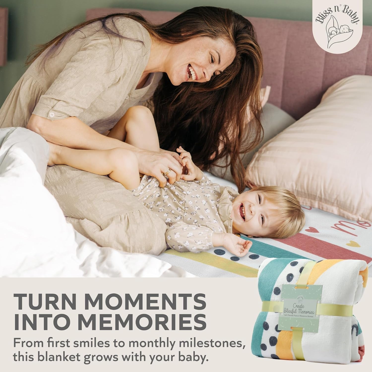 Monthly Milestone Blanket for Baby Girl - 60"X40" - Wrinkle Free Newborn Age Month Blanket with Growth Chart - Washable & Dryable - W/Frames & Cotton Bib - Boho Theme